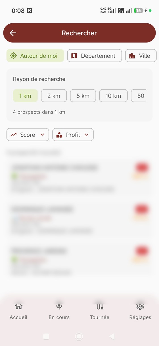 Recherche de prospects g&eacute;olocalis&eacute;s dans l&rsquo;application mobile